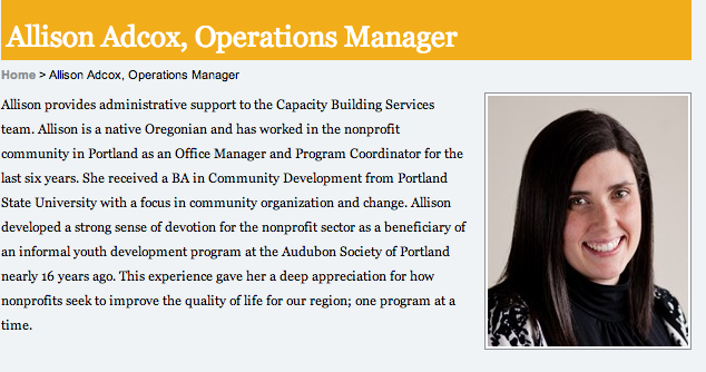 nonprofit staff bio allison oregon